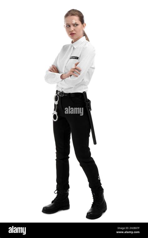 Guardia De Seguridad Femenina En Uniforme Sobre Fondo Blanco Fotografía De Stock Alamy