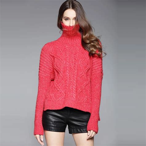 High Quality Women Sweater Red Turtleneck 2018 Fall Winter Fashion