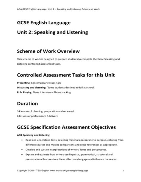 Scheme Of Work Gcse English Language Unit 2 Speaking And
