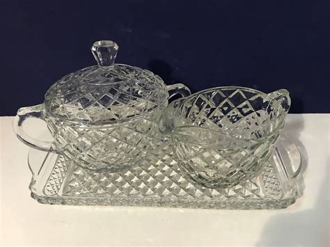 Vintage Glass Diamond Pattern Sugar Creamer W Glass Tray 3 Pc Etsy