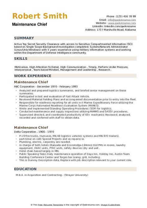 Maintenance Chief Resume Samples Qwikresume