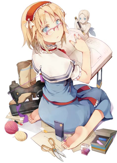 safebooru alice margatroid barefoot bespectacled blonde hair blue eyes book boots box capelet