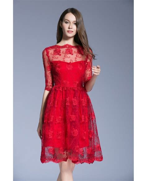 Modest A Line Red Lace Knee Length Cocktail Dresses With Sleeves Dk356