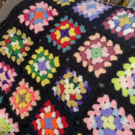 Granny Square Crochet Black Grandma Core Colorful Afghan Blanket Lap