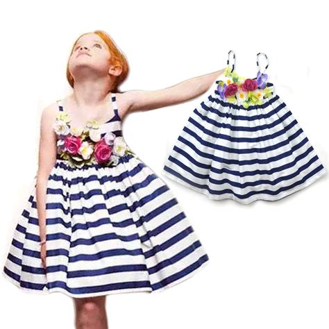 2018 3 12 Years Girls Striped Sundress With Flower Accessories