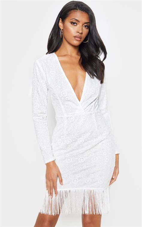 White Lace Tassel Hem Bodycon Dress Dresses Prettylittlething