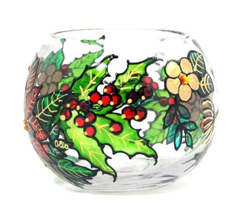 Hand Painted Glass Bowl Christmas Poinsettia And Holly Etsy