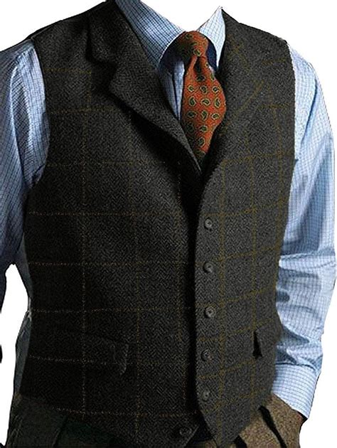 Mens Wool Tweed Suits Vest Formal Groomsmen Waistcoat Slim Fit