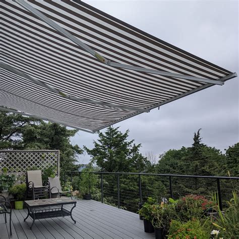 Motorized Retractable Patio Awning 12x10 Feet Gray And White Striped