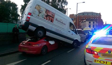 Red Porsche Cayman Crushed By Van In Manchester Gtspirit