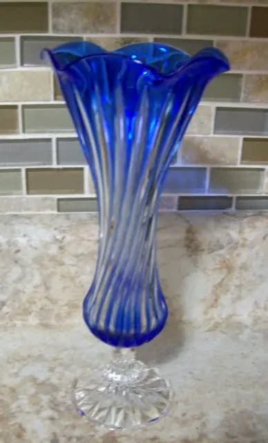Vintage Antique Cobalt Blue Fine Cut To Clear Crystal Vase Bohemian