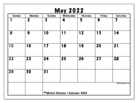 May 2022 Printable Calendar “48ss” Michel Zbinden Us