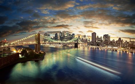 2216x1080 City Night Lights River Bridge Brooklyn New York
