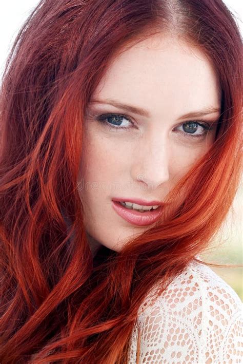 Redhead Beauty Closeup And Woman Portrait Outdoor With Ginger Hairstyle And Treatment Hair