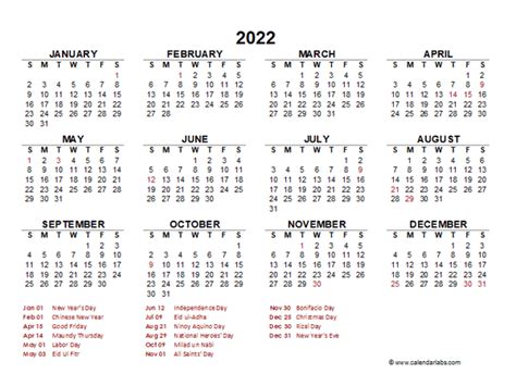2022 Year At A Glance Calendar With Philippines Holidays Free