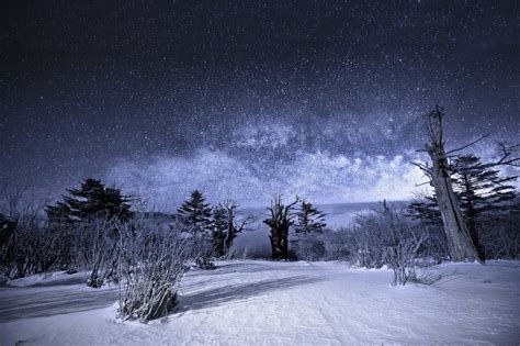 Nature Sky Night Stars Landscape Snow Winter Wallpaper