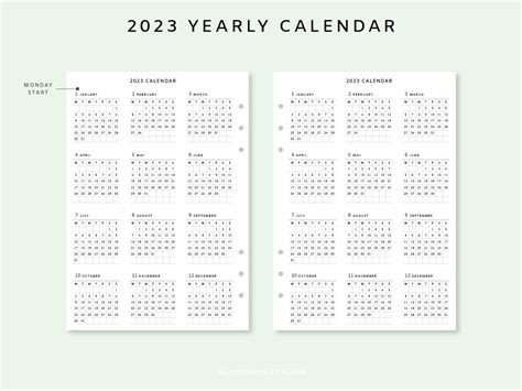 Yearly Calendar 2023 Planner Calendar Printable Inserts Etsy
