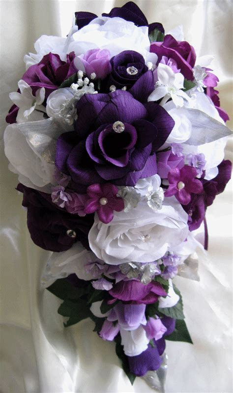 17pcs Wedding Bouquet Bridal Silk Flowers Plum Purple