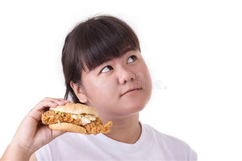 Fat Asian Woman Eating Fried Chicken Hamburger Isolated On White Stock Image Image Of Food