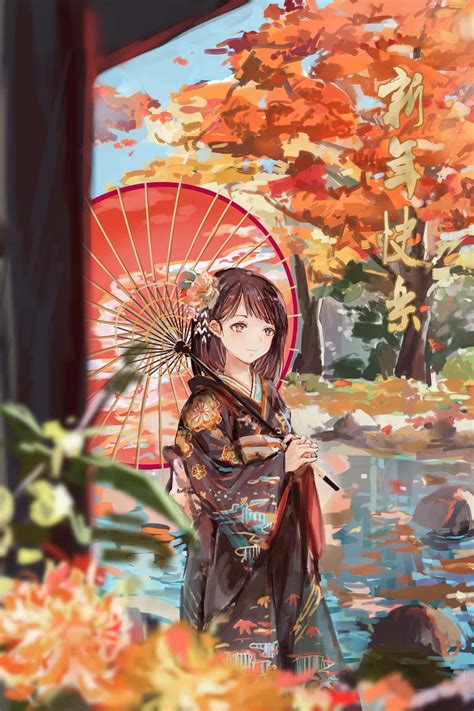 Download Girl In Kimono With Umbrella Fall Anime Wallpaper