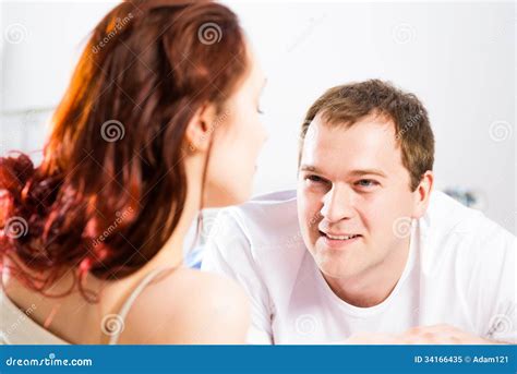 Young Man Lying In Bed With His Girlfriend Stock Image Image Of