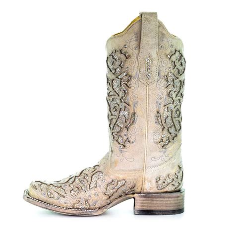 Corral Womens White Glitter Inlay And Crystals Sq Toe Boots A3397 Ld