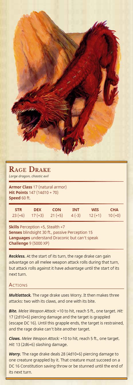Rpgbot is undergoing a massive update for dnd 5e content to accomodate rules changes and new content introduced by tasha's cauldron of everything. Third to Fifth — Rage Drake Large dragon, chaotic evil ...
