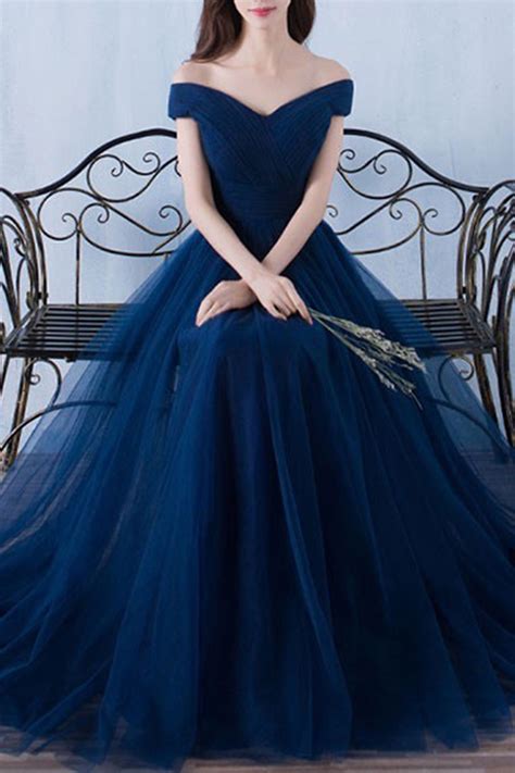 Off Shoulder Prom Dress Ball Gown Beautiful Dark Blue Lace Tulle Long