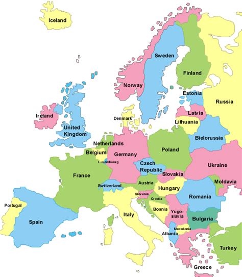Territory not geographically in europe is shown. map of europe countries