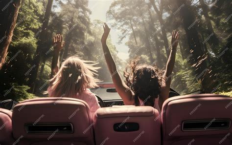premium ai image two girls in a car with their hands up driving at summer