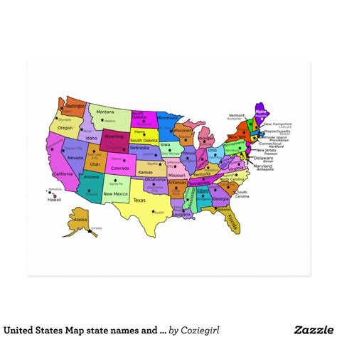 United States Map State Names And Capitals Postcard T Idea Click