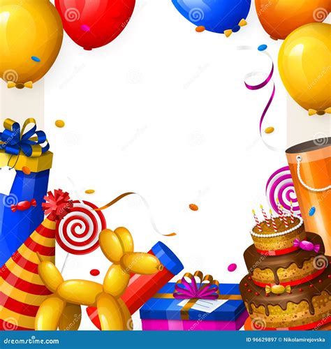 geburtstagsfeierhintergrund mit ballonen kuchen geschenkboxen lutscher konfettis und bändern
