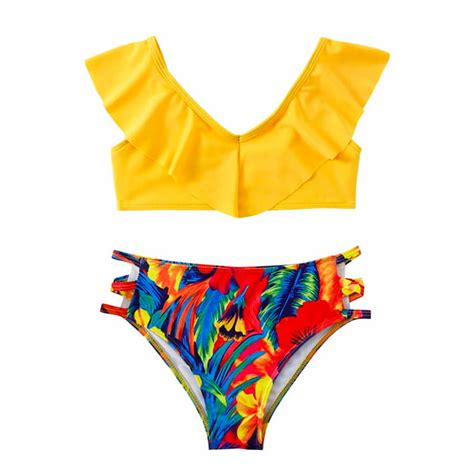 Fesfesfes Girls Summer Swimsuits Cute Cow Floral Print Bikini Set Split Three Piece Swimsuit