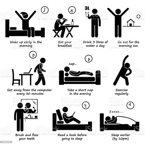 Healthy Lifestyles Daily Routine Tips Stick Figure Pictogram Icons
