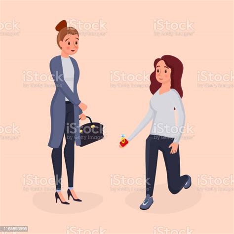 Lesbian Marriage Proposal Flat Vector Illustration Romantic Girl With