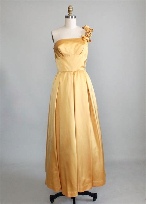 Vintage 1950s Golden Satin One Shoulder Evening Dress Raleigh Vintage