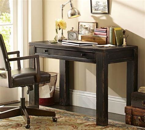 This desk features hidden cord and wiring access in the rear of its large open hutch, and a built. Distressed Black Small Desk