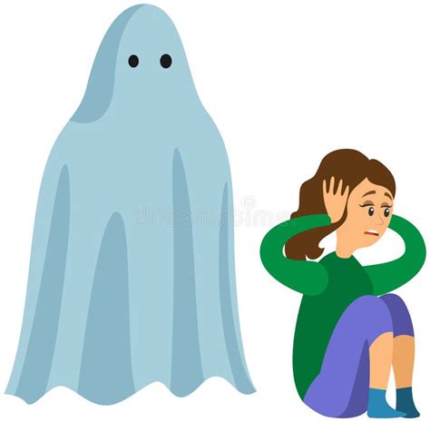 girl covers ears from fright near monster ghost in sheet frightened lady looking at flying
