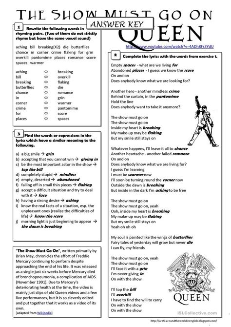 Song The Show Must Go On Queen Worksheet Free Esl Printable