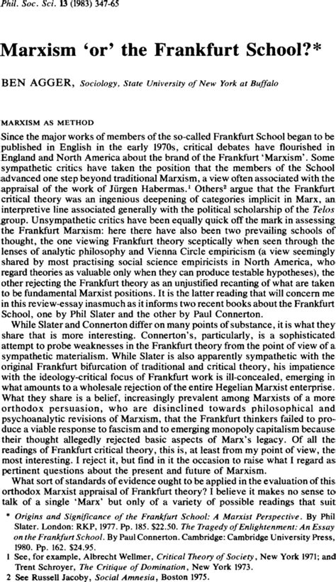 Marxism Or The Frankfurt School Ben Agger 1983
