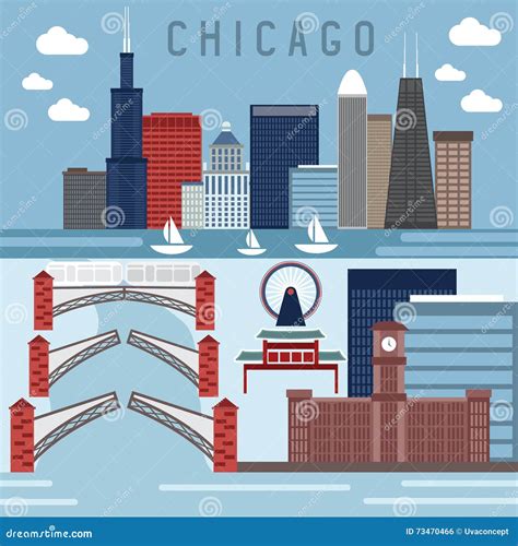 Chicago Landmarks Skyline Vector Illustration