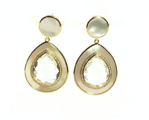 Ippolita 18k Yellow Gold Clear Quartz Mother Of Pearl Diamond Earrings Teardrop Pearl And