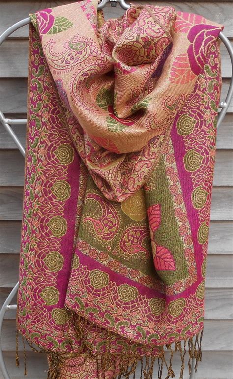 Festival Shawl Olive Green Pink And Gold Pashmina Cashmere Shawl Paisley Pashmina Floral Shawl