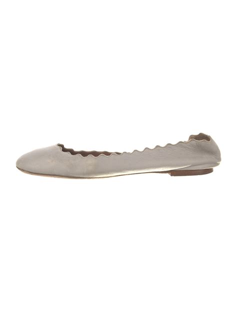 Chloé Leather Scalloped Accent Ballet Flats Grey Flats Shoes