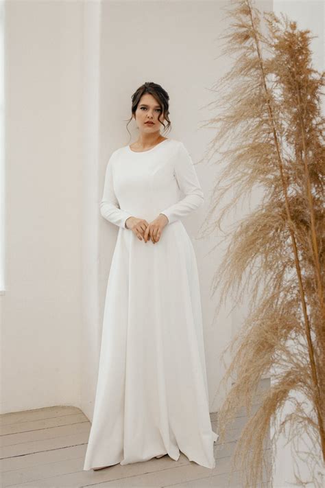 plus size modest wedding gown simple long sleeve bridal etsy