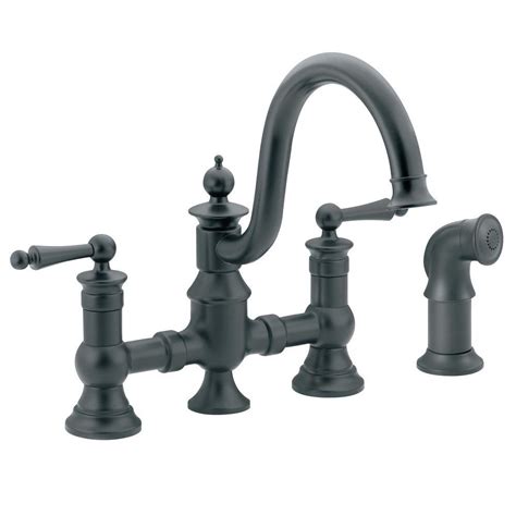 If you searched thoroughly and failed to find any cap or button on your faucet handle. MOEN Waterhill 2-Handle High-Arc Side Sprayer Bridge ...