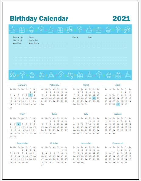Printable Birthday Calendar Template For Excel Excel Templates