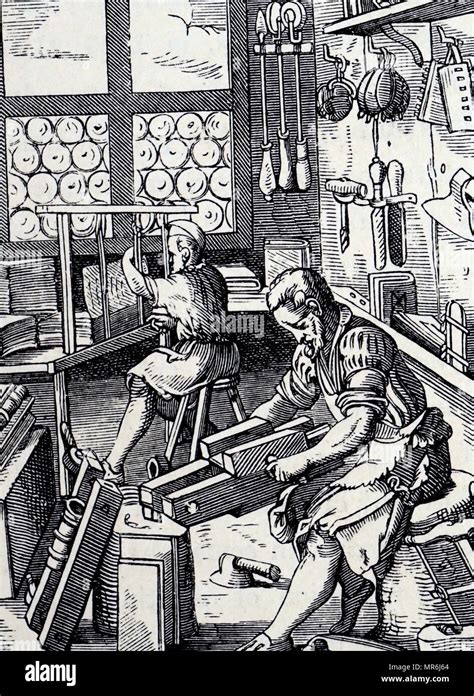 Woodcut Engraving Depicting A Bookbinders Workshop By Jost Amman Jost