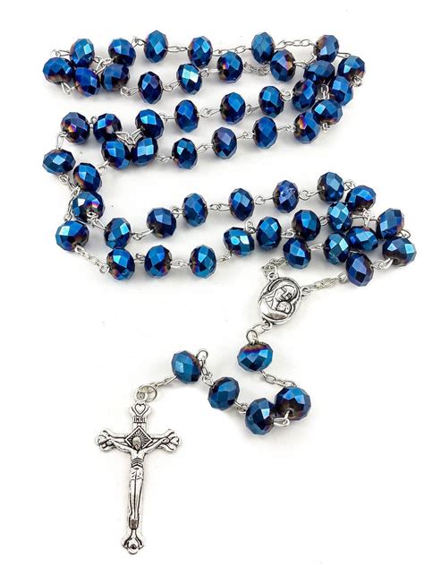 Catholic Deep Blue Beads Rosary Necklace Holy Soil Medal And Cross