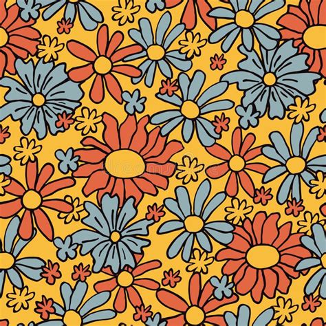 Retro 70s Hippie Vibrant Summer Seamless Pattern Floral Print Stock